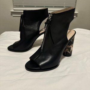 French Connection Uttara booties Sz 8. Open toe, black,front zipper,snakeskin